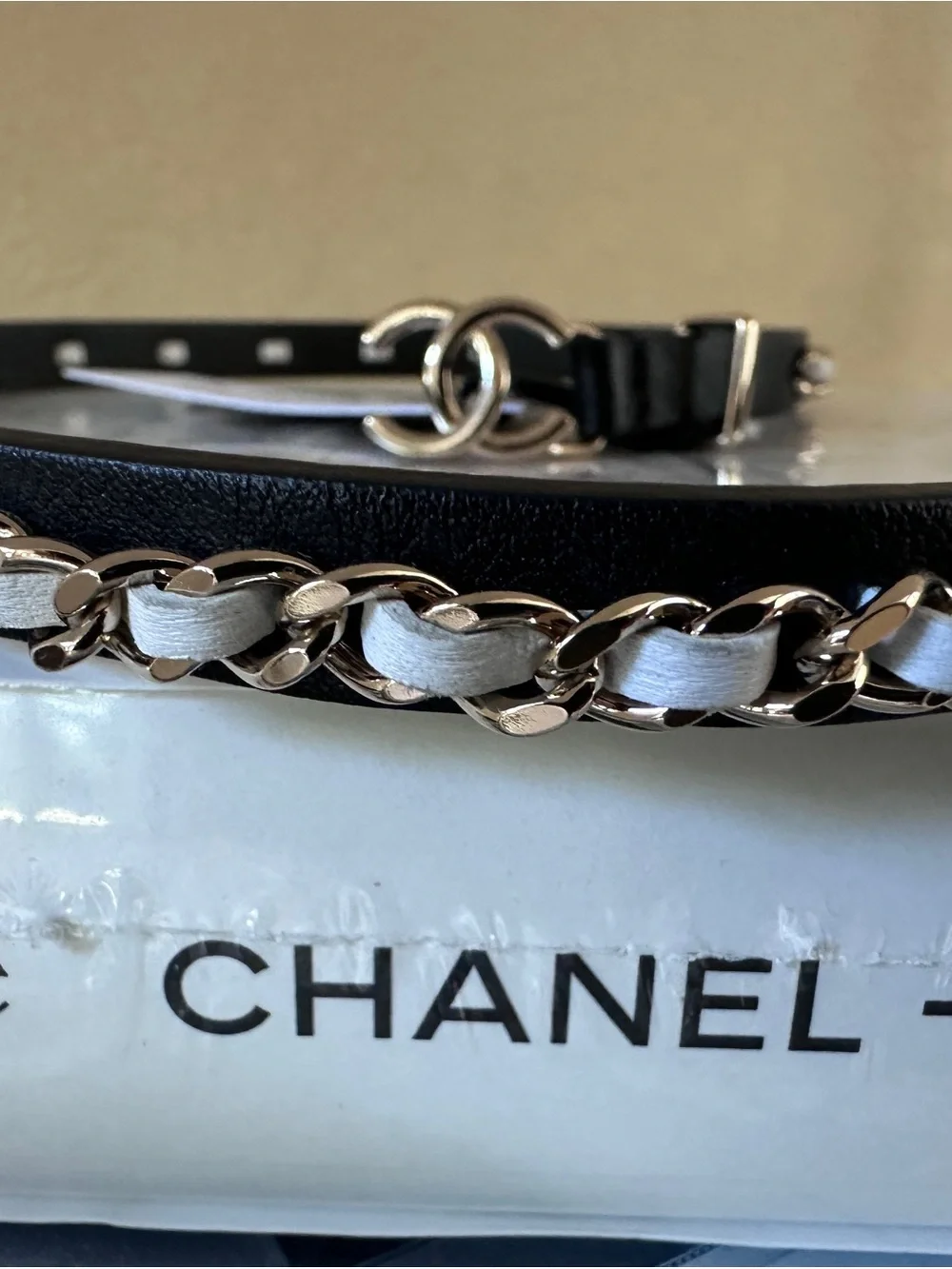 CHANEL Black Leather and Silver Chain Waist Belt with CC Logo